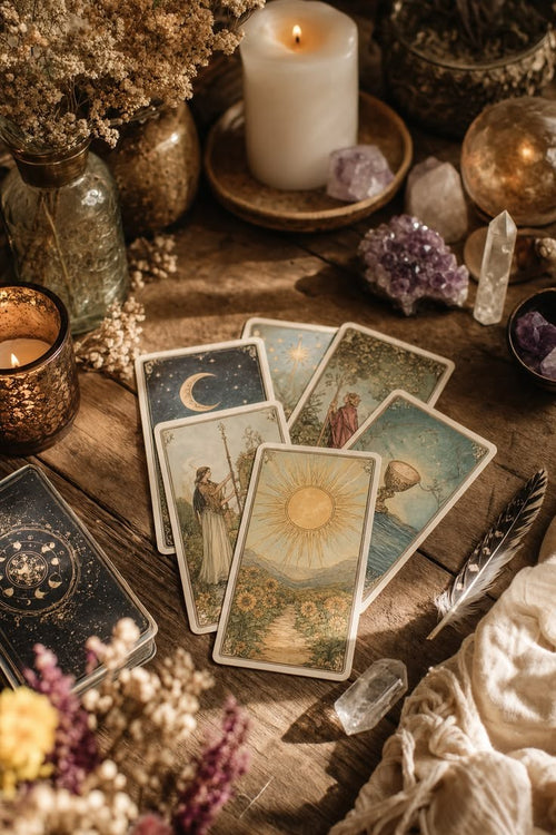 Cartas de tarot sobre mesa de madera con vela y cuarzos