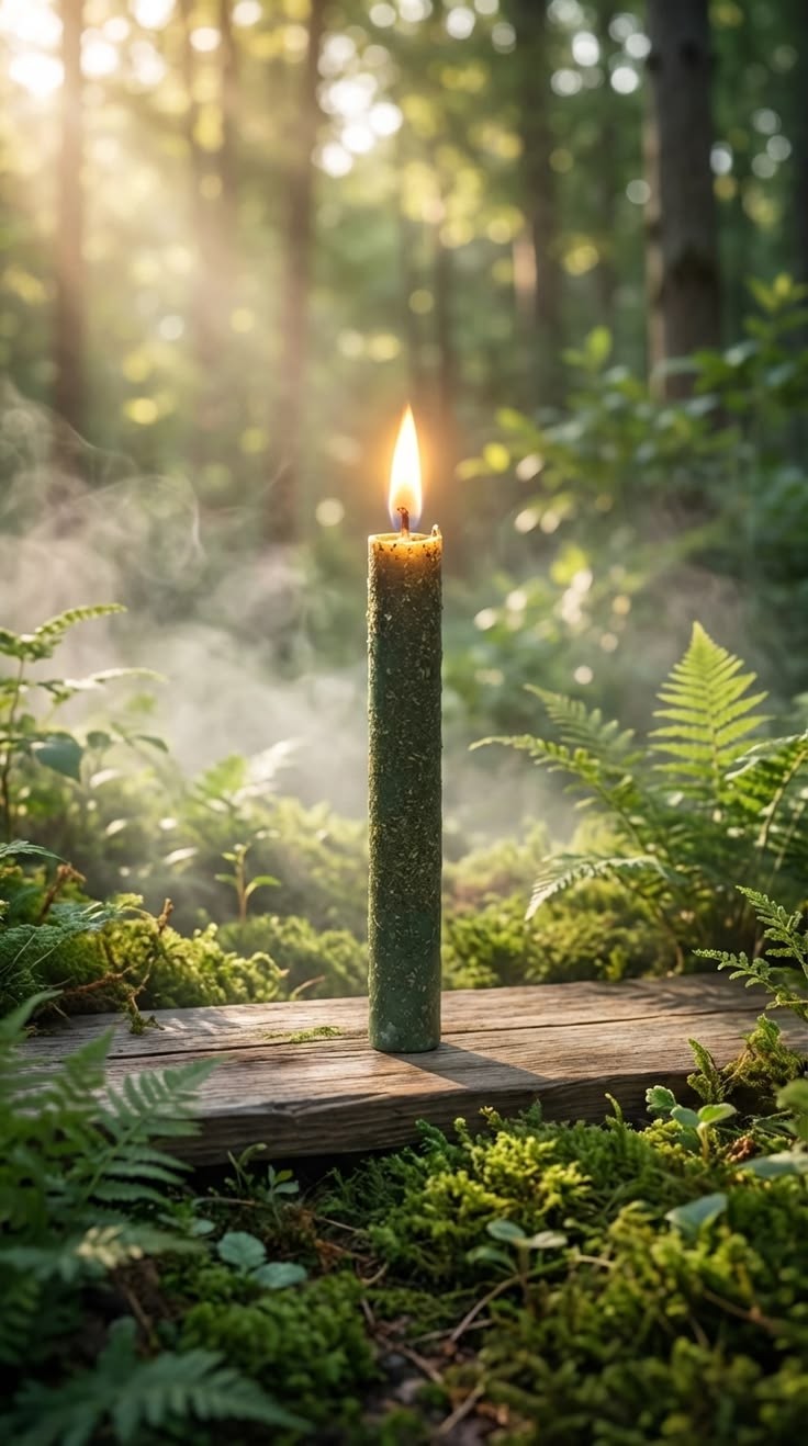 Vela verde encendida en un claro del bosque